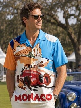 BrandMakers Monaco Vintage Race Car Graphic Camp Shirt Blue Orange Size M